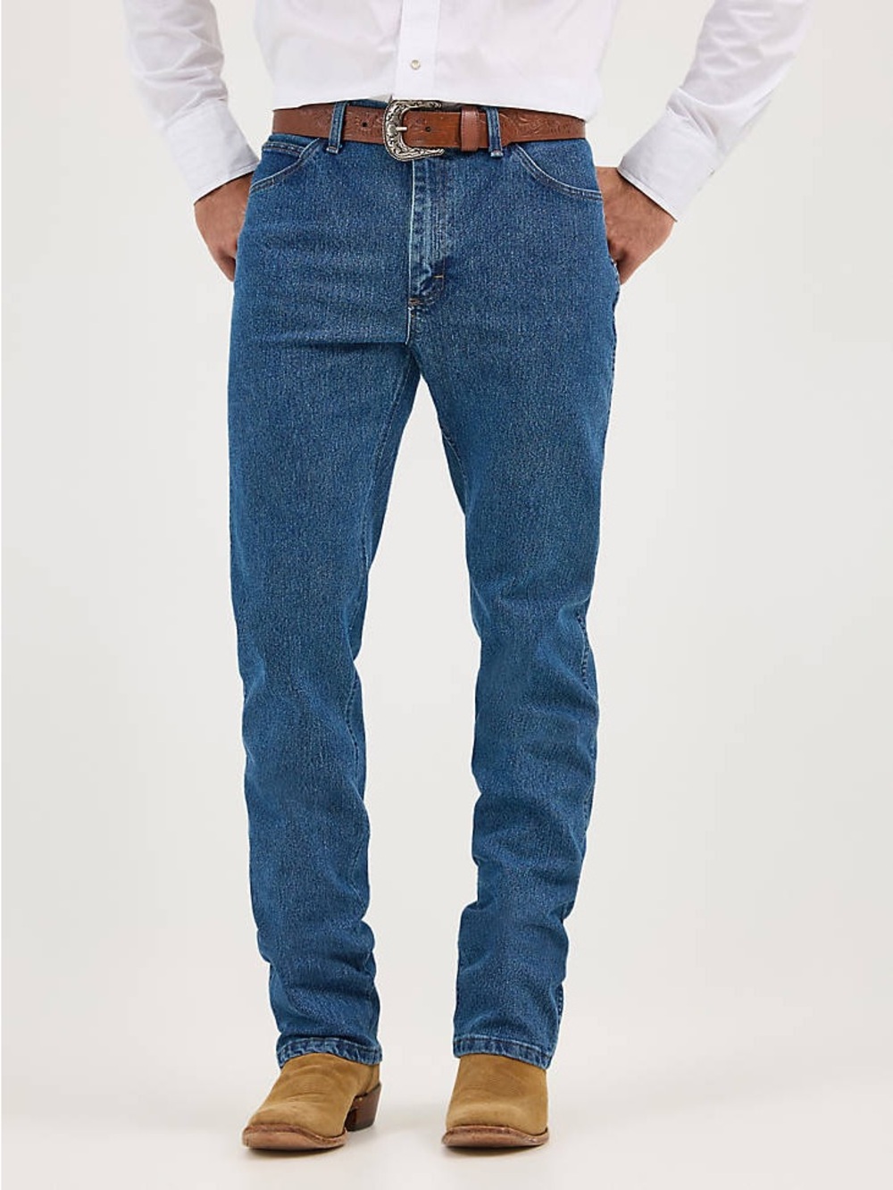 Wrangler Denim Jeans in Faded Blue with Tan Stitching